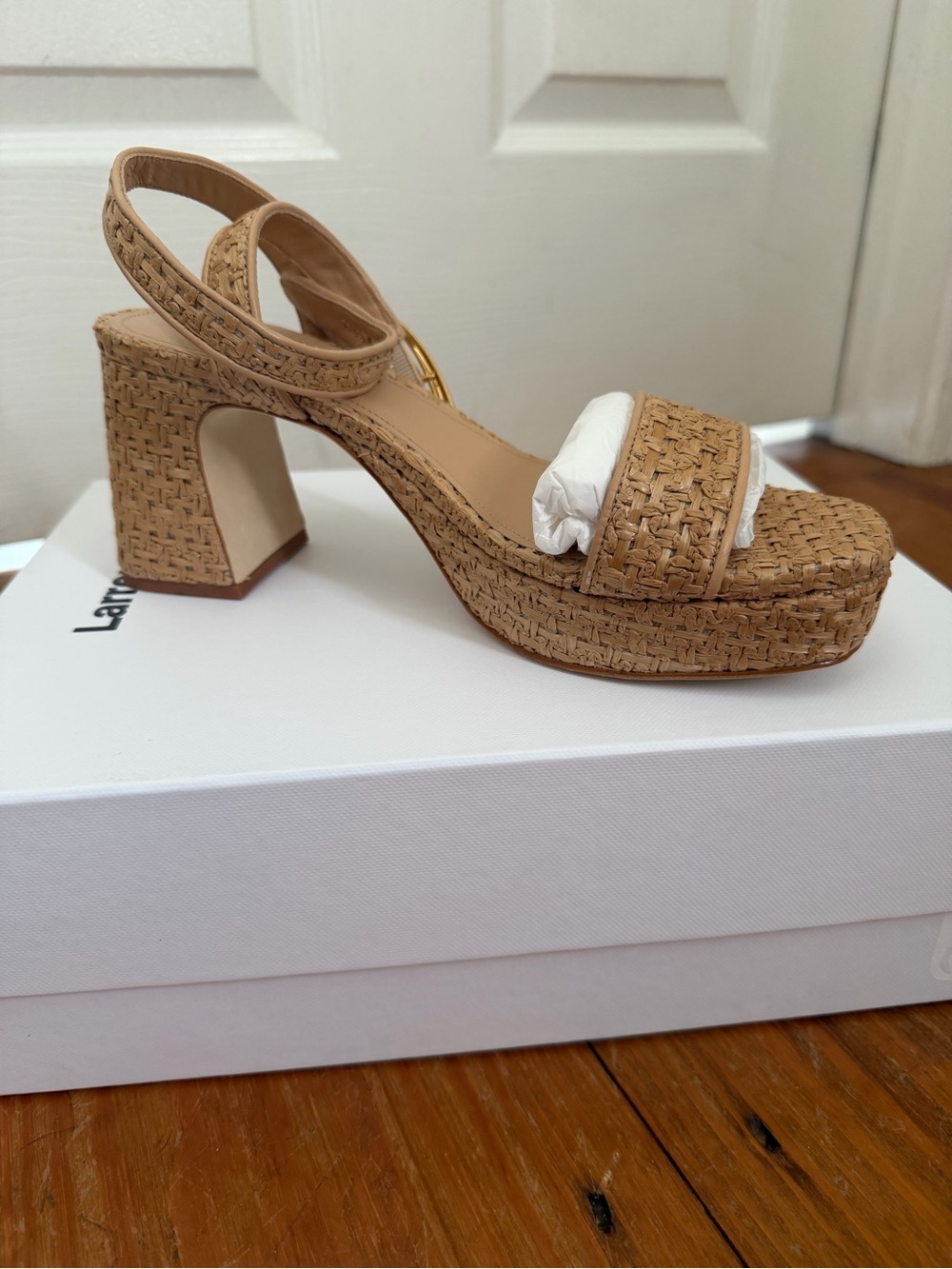 Larroude Woven Tan Platform Sandal with Slingback